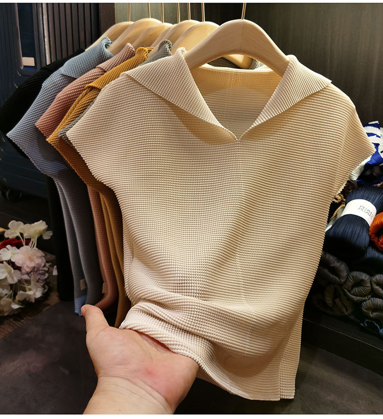 Áo thun cổ chữ V xếp ly dáng ôm thanh lịch nữ — Màu xanh lam nhạt, Màu xanh lục, Màu đen, Màu cam chi tiết 6