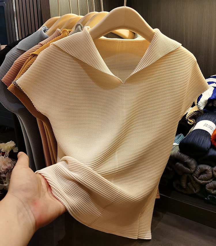 Áo thun cổ chữ V xếp ly dáng ôm thanh lịch nữ — Màu xanh lam nhạt, Màu xanh lục, Màu đen, Màu cam chi tiết 1