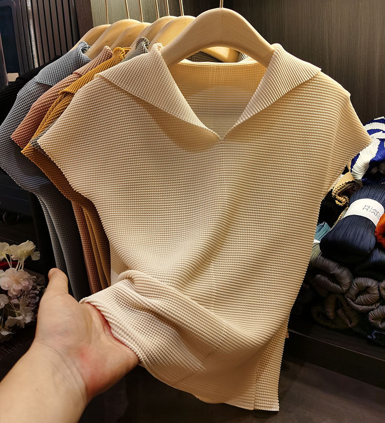 Áo thun cổ chữ V xếp ly dáng ôm thanh lịch nữ — Màu xanh lam nhạt, Màu xanh lục, Màu đen, Màu cam chi tiết 4
