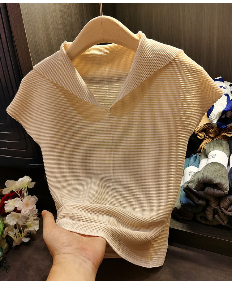 Áo thun cổ chữ V xếp ly dáng ôm thanh lịch nữ — Màu xanh lam nhạt, Màu xanh lục, Màu đen, Màu cam chi tiết 12