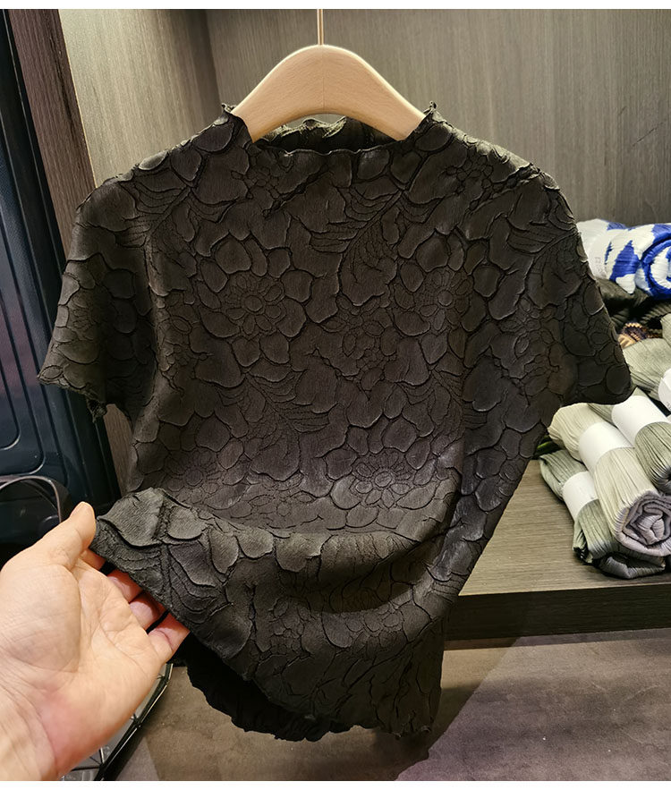 Áo thun nữ cổ đứng họa tiết hoa sen nổi 3D mặc hai mặt — Màu đen, Màu trắng be, Màu hồng, Màu xanh đậm chi tiết 15