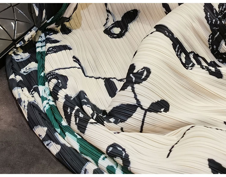 Đầm maxi nữ cổ đứng tay ngắn in họa tiết xếp ly xẻ tà — Màu đen, Màu xanh lá, Màu mơ chi tiết 27