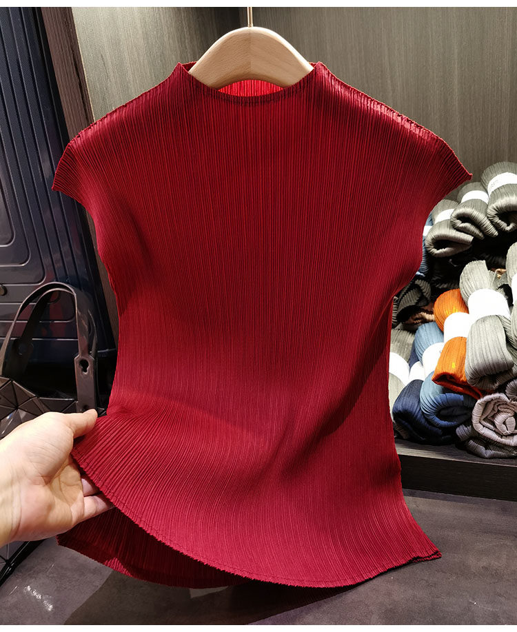 Áo thun nữ cổ đứng xếp li tay ngắn dáng ôm nhẹ mùa hè — Đỏ rượu, Đỏ cam, Màu xanh lam, Xám nhạt chi tiết 32