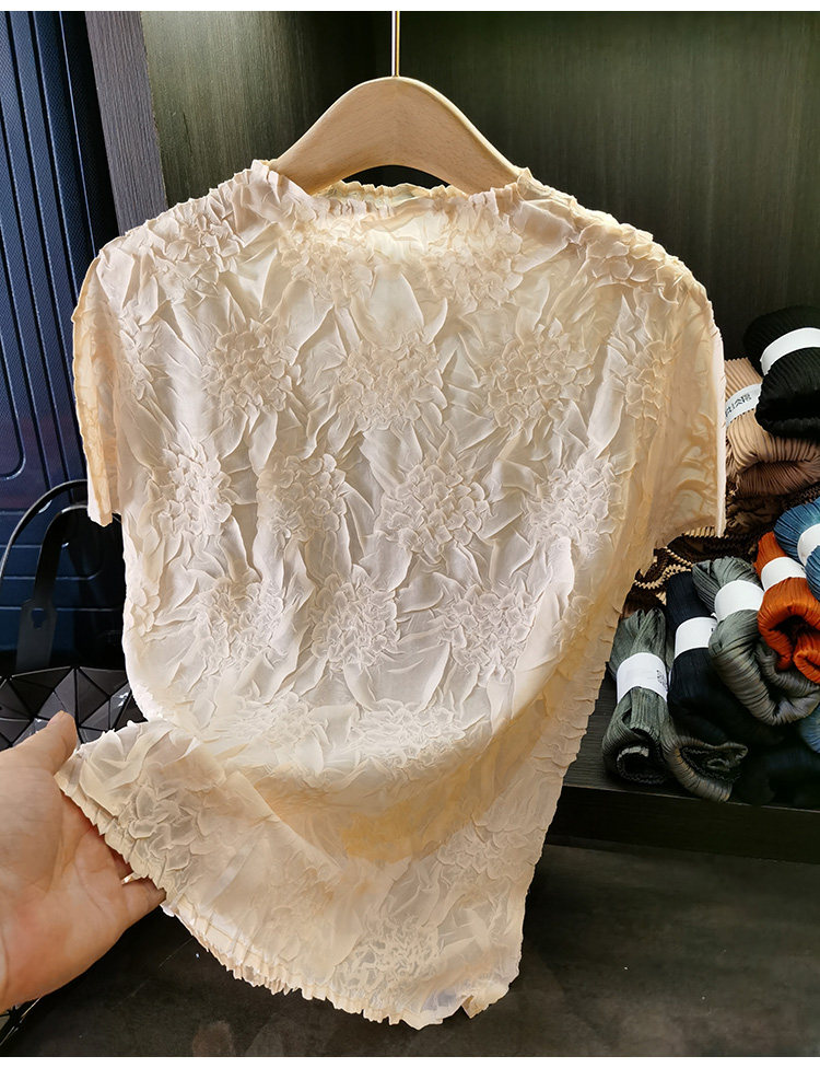 Áo thun nữ cổ đứng xếp ly thêu hoa thủ công mỏng nhẹ mùa hè — Màu đen, Màu hồng, Màu xám, Màu mơ chi tiết 29