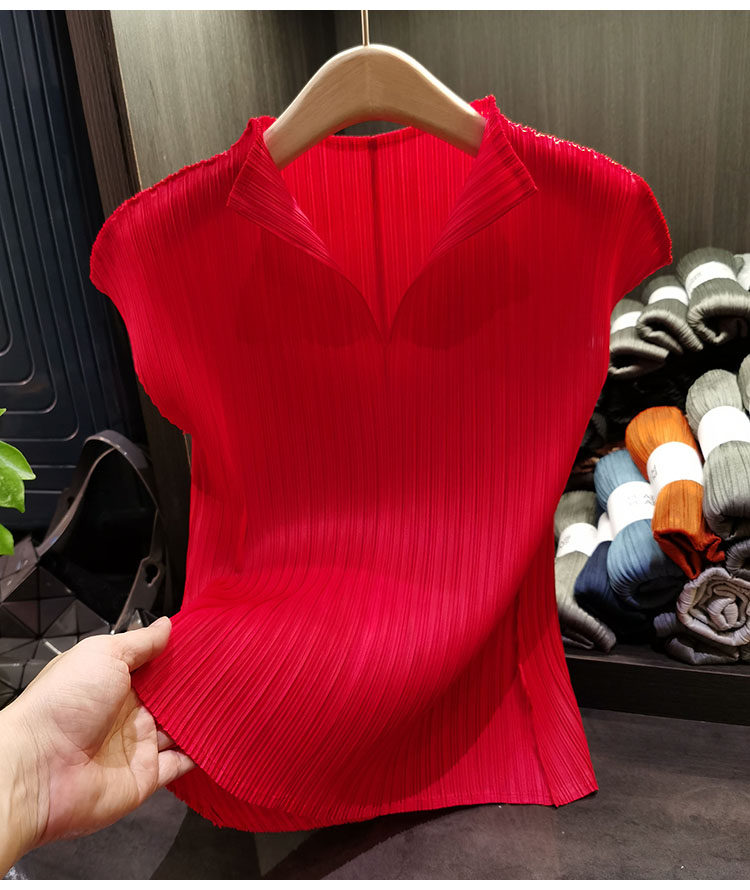 Áo thun cổ chữ V xếp ly tay ngắn ôm dáng phong cách Nhật — Xám nhạt, Đỏ hoa hồng, Xanh mực, Màu xám chi tiết 19