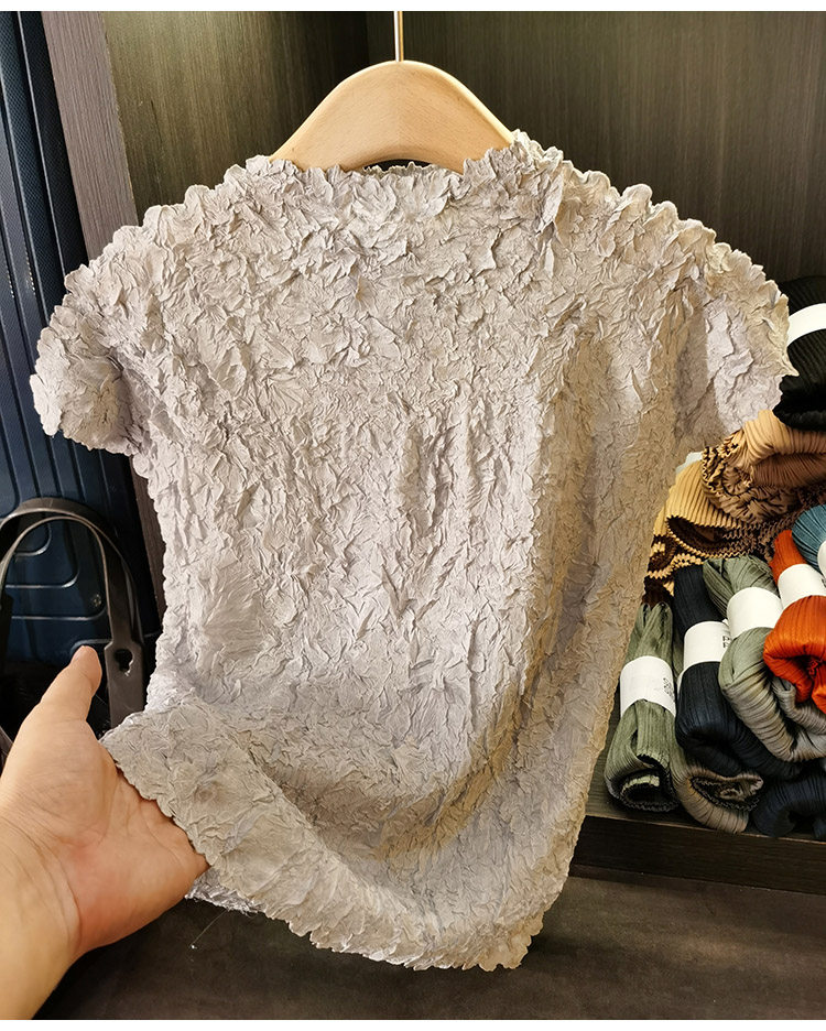 Áo thun ngắn tay cổ đứng xếp ly phong cách Nhật Bản dành cho nữ — Tím hoa cà, Màu đen, Màu hồng, Màu xanh đậm chi tiết 7