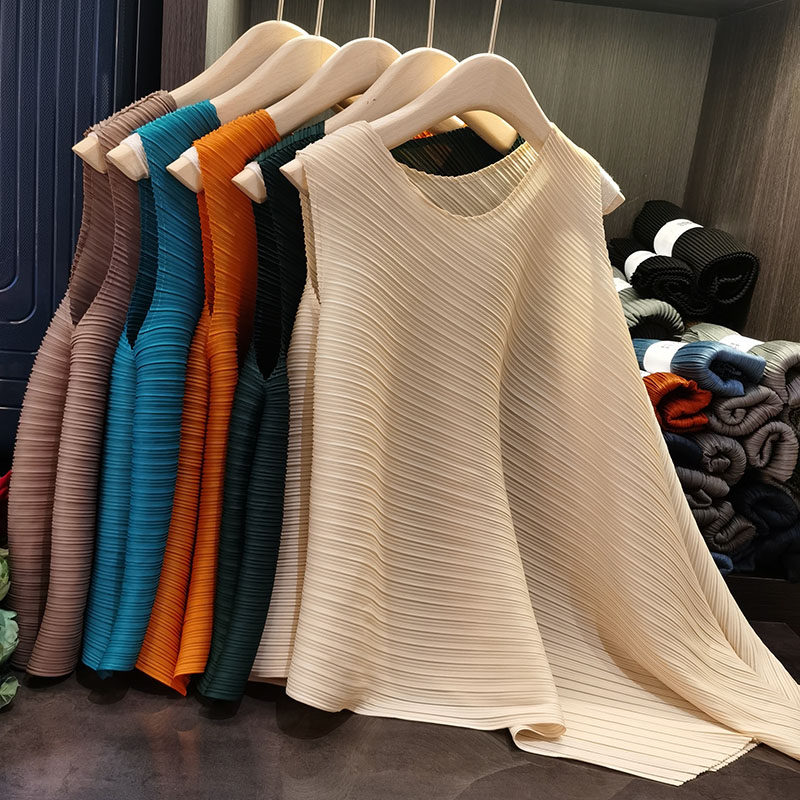 Áo ba lỗ nữ xếp ly suốt đời dáng rộng mỏng nhẹ mùa hè — Tím hoa cà, Màu đen, Màu đỏ cam, Màu xanh nước hồ chi tiết 1