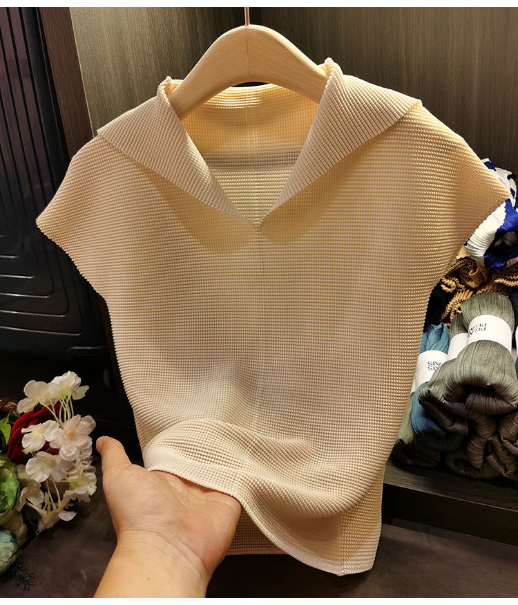Áo thun cổ chữ V xếp ly dáng ôm thanh lịch nữ — Màu xanh lam nhạt, Màu xanh lục, Màu đen, Màu cam chi tiết 9