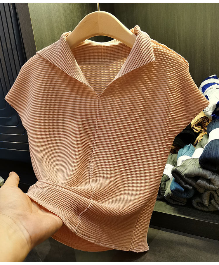 Áo thun cổ chữ V xếp ly dáng ôm thanh lịch nữ — Màu xanh lam nhạt, Màu xanh lục, Màu đen, Màu cam chi tiết 33