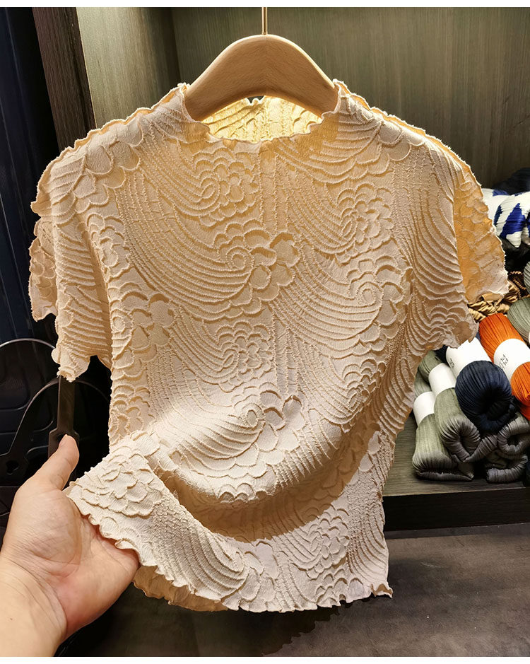 Áo thun nữ cổ tròn tay ngắn họa tiết mây cổ điển xếp ly viền bèo nhún — Màu đen, X mơ, Màu hồng, Màu xanh đậm chi tiết 5