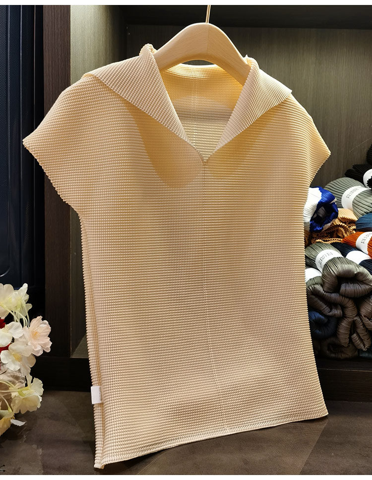 Áo thun cổ chữ V xếp ly dáng ôm thanh lịch nữ — Màu xanh lam nhạt, Màu xanh lục, Màu đen, Màu cam chi tiết 10