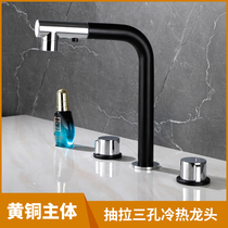 Bathroom surface basin tap bathroom full copper double take three holes split three sets of hot and cold pumping and matt black tap