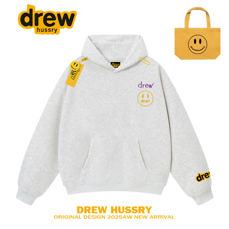 Drew American-Style Trendy Brand Simple Smiley Face Hooded Fleece Sweatshirt for Men and Women, Autumn and Winter Loose Casual Couple Hoodie Jacket