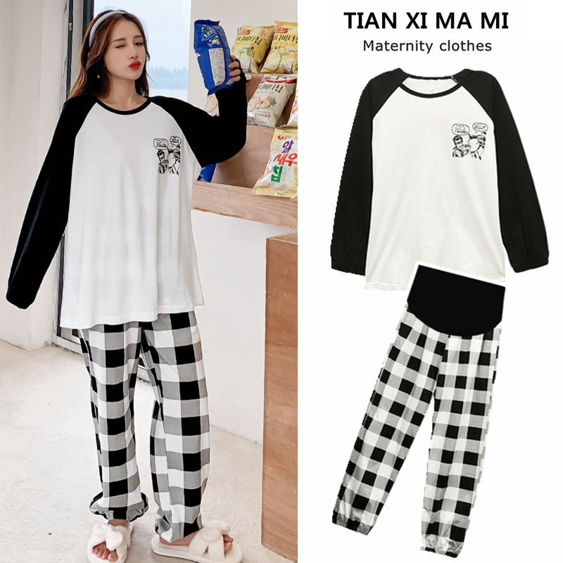 Pregnant women's autumn clothes suit 2021 pregnant women Spring and autumn surges Tidal Moms Loose Home Moon Suit Beating Bottom Pyjamas Two Sets