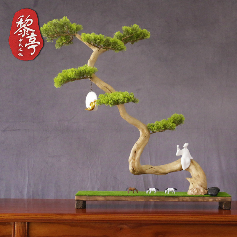 Emulation Pine Bonsai New Chinese Meditation Living Room Swing Piece Landscape Tree Genguan Potted Plant Greet Pine Plant Building-Taobao
