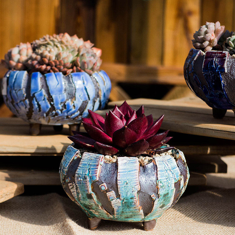 (Bonyonchamps) Jingdezhen handmade large burst flower pot coarse pottery multi-meat plant 13cm caliber handmade breathable