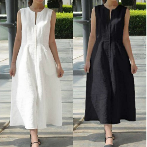 Foreign Trade Women's Clothing Amazon Independent Site Summer New V-Neck Tie Waist Solid Color Cotton and Linen Sleeveless Dress