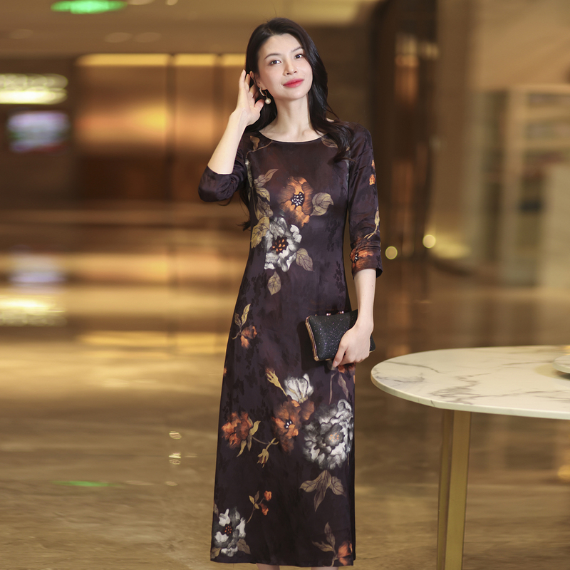 Long Dress 26 Spring/Summer New Style Slim Fit High-End Dress Xiangyun Silk New Chinese Style Dress Women's Dress over the Knee