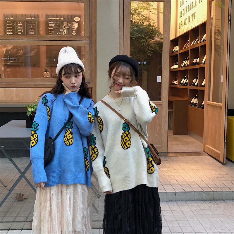 VK旗艦店 韓國風寬鬆圓領菠蘿毛衣長袖上衣