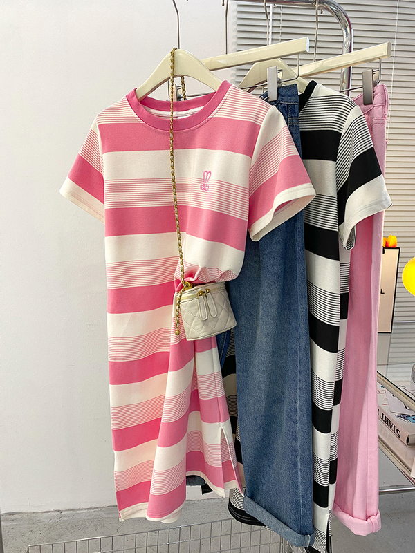 Summer Dopamine Outfit Dress~ Striped Over-The-Knee Short-Sleeve T-Shirt Long Dress for Women, Summer Slit Long Embroidered Dress