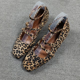 外贸2025新款时尚真皮粗跟玛丽珍鞋女外穿性感豹纹一字带低跟单鞋