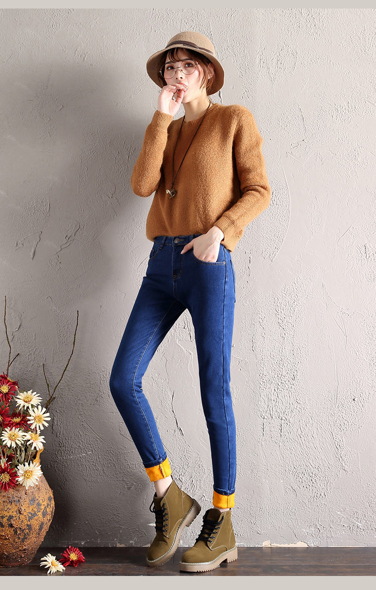 Quần jean nữ cộng với nhung dày ấm áp cao eo co giãn 2017 mùa đông Hàn Quốc phiên bản đen slim quần chín điểm quần jean baggy nữ