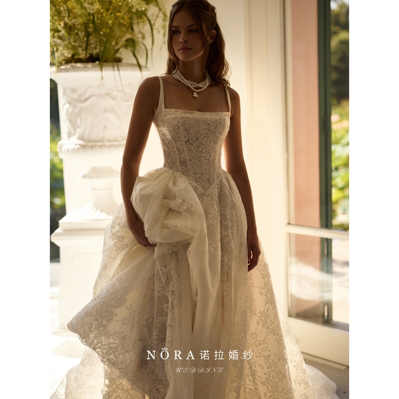French Romantic Lace Wedding Dress with Straps, Light Wedding Dress, Trailing Bridal Gown, Elegant Vintage Fairy Dress French Romantic Lace Wedding Dress with Straps, Light Wedding Dress, Trailing Bridal Gown, Elegant Vintage Fairy Dress