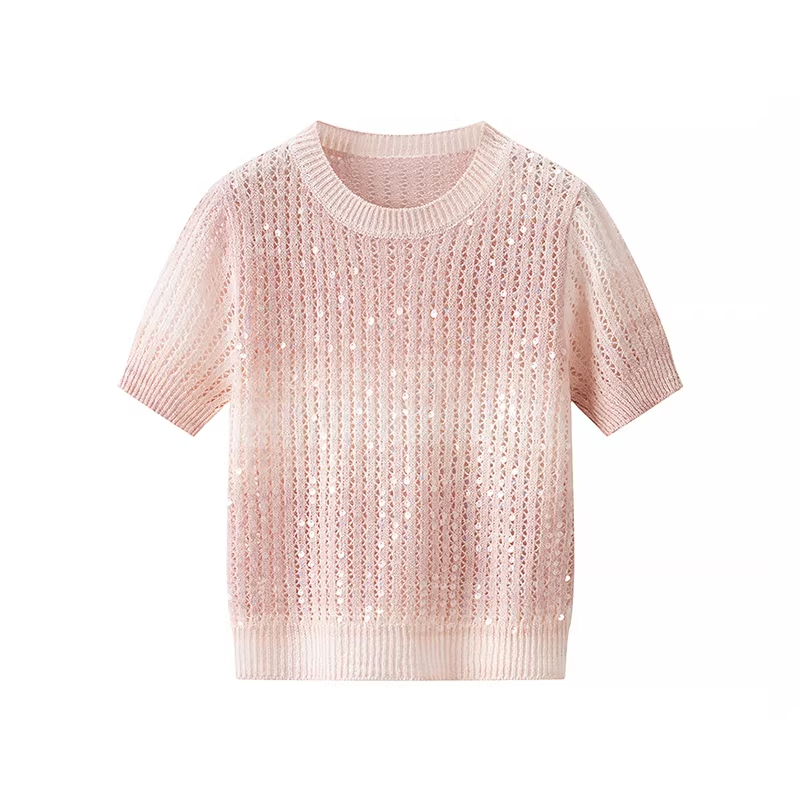 【Golden Fan Favorite】 "Galaxy" Gradient Color Block Sequin Crew Neck Short Sleeve Knit Top 1025 #