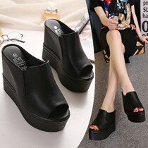 Black cool women Summer Height 13CM heel super high heel waterproof table fish mouth shoes slippers non-slip Super fire thick bottom slope
