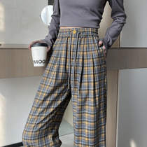 Tencel cotton plaid wide-leg pants for women in autumn American retro tall loose casual pants straight slim floor-length pants