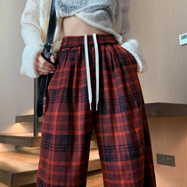 Red plaid trousers for women spring and autumn casual drawstring wide-leg trousers high-waisted loose slim floor-length straight trousers trendy
