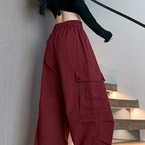 American retro casual overalls for women spring and autumn hip-hop street dance multi-pocket leg straight drawstring sports wide-leg pants