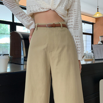 Washed cotton khaki wide-leg pants for women spring new style small high-waist slim loose casual nine-point straight pants