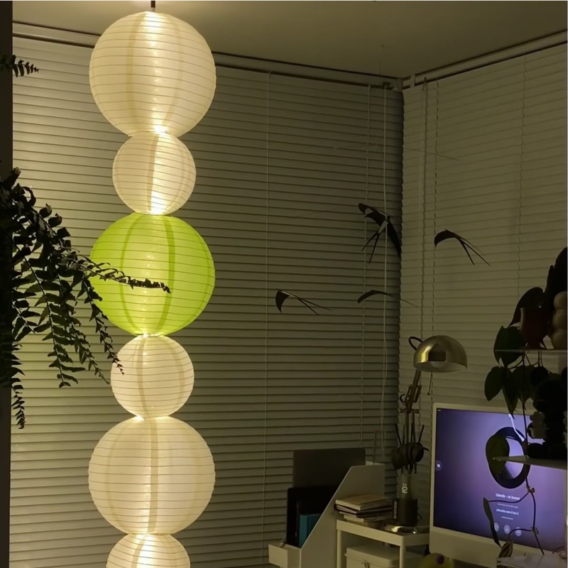Xiaohongshu Style Ambient Floor Lamp for Bedroom, Study, Bay Window, DIY Paper Lantern, Gourd-Shaped Round Ball Lamp Post