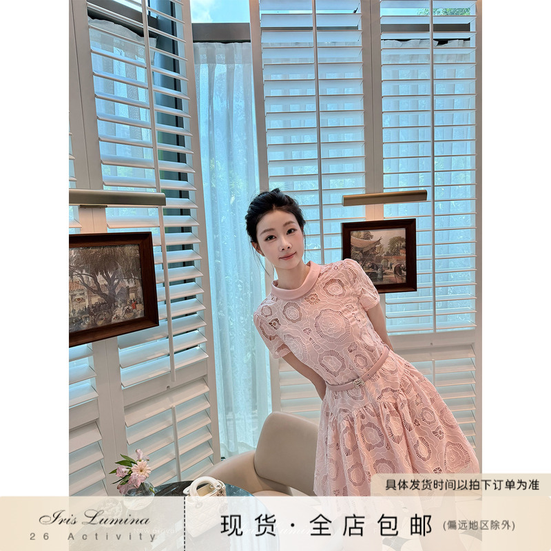 Iris Lumina [Idol Yuanying] Lace Short-Sleeved Dress, Summer Elegant Waist-Cinching Short Skirt