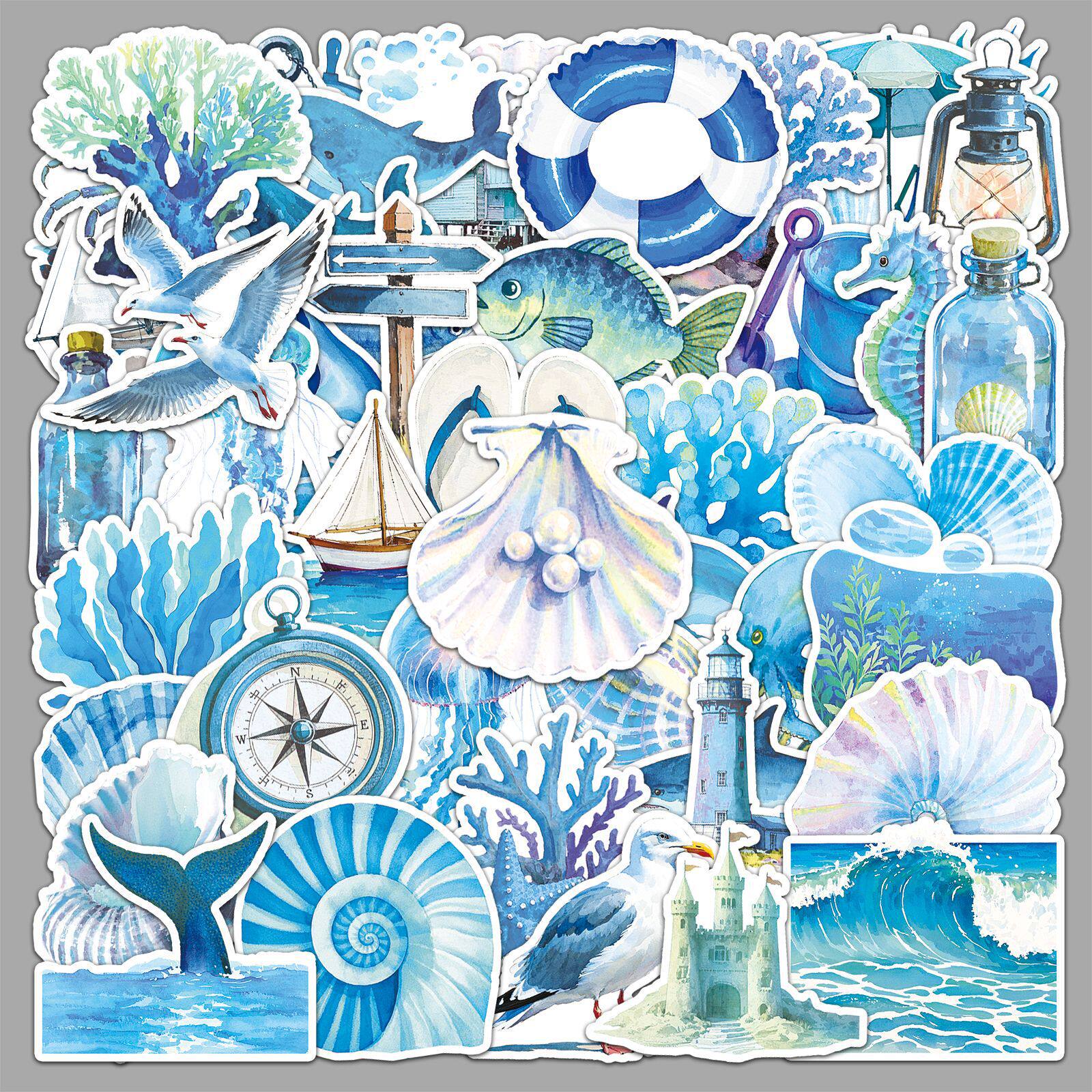 50 Blue Ocean Graffiti Stickers Personalized Cross-Border Cartoon Small Fresh Watercolor Style Decorative Water Cup Mobile Phone Stickers