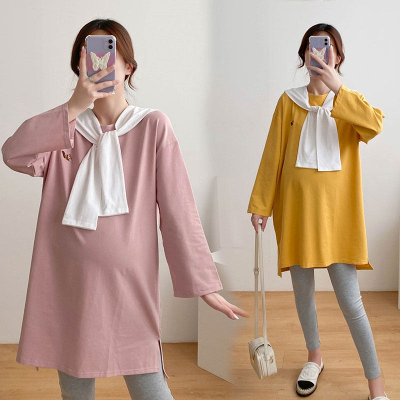 Pregnant women's autumn clothes go out fashionable cotton long-sleeved T-shirt dress Korean version loose spring and autumn sweater cover the buttocks