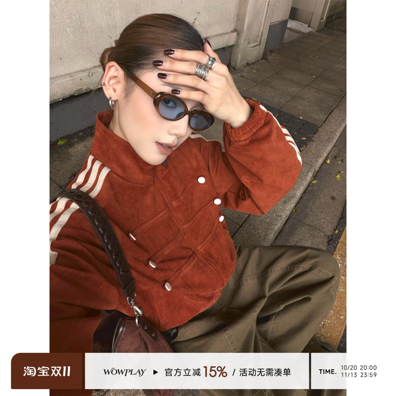 Wowplay Yang Jiqi Napoleon Suede Jacket for Women, Autumn American Retro Style Button-Up Stand Collar Jacket Top