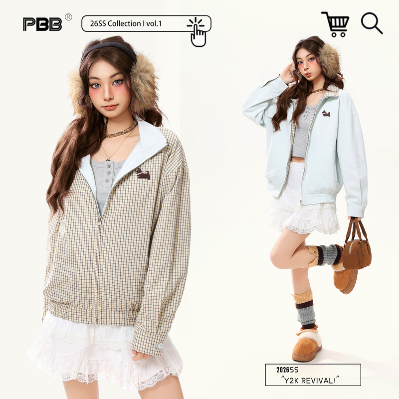 Pbb Puppy Embroidered Plaid Reversible Age-Reducing Jacket for Women, Milk Blue Age-Reducing Gentle Style Zipper Top