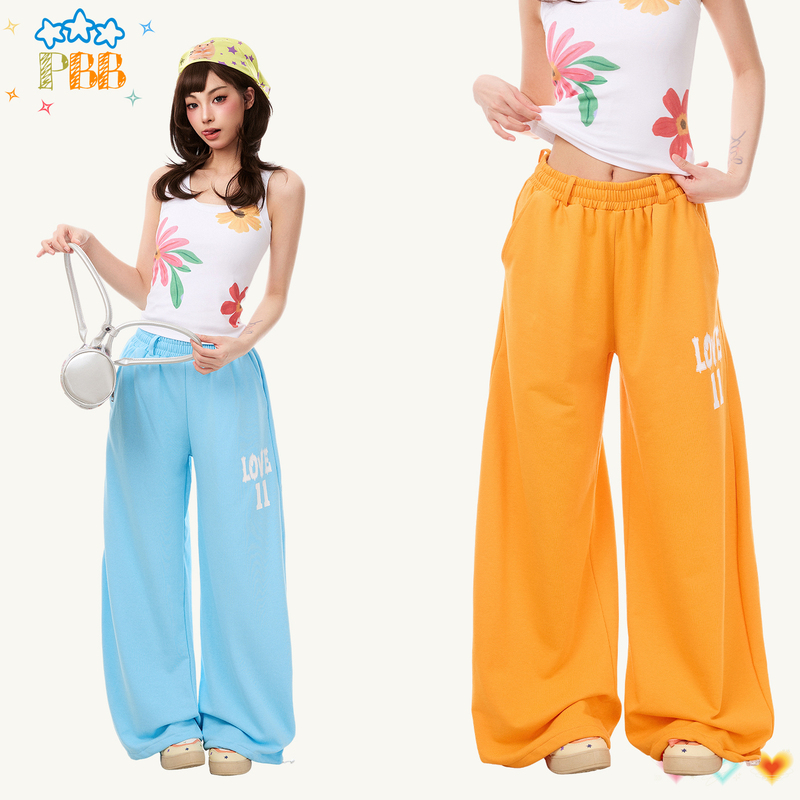 Pbb American Casual Orange Scimitar-Style Casual Pants for Women, Loose High-Waisted, Lazy Style, Dopamine Age-Reducing Wide-Leg Trousers