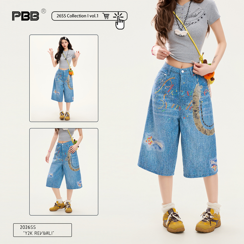 Pbb American Retro Digital Print Plaid Denim Wide-Leg Cropped Pants for Women, Loose-Fitting Cropped Shorts, Straight-Leg Mid-Length Pants