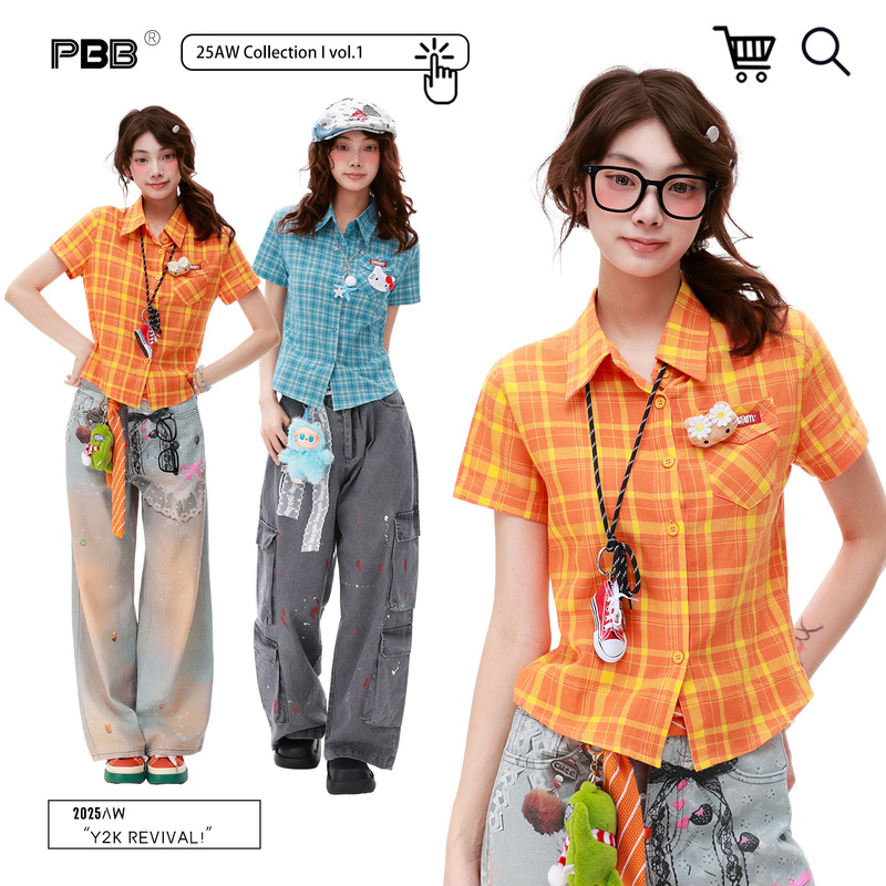 Pbb American-Style Fun Retro Plaid Orange Short-Sleeved Shirt for Women, Short Summer Style, Commuter Street Style Kitty Shirt