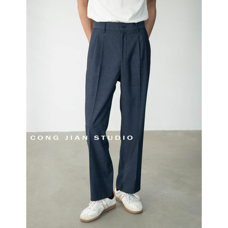 Congjian2026 Spring/Summer Wool Blend Denim Blue Straight Casual Pants Men's Draped Double Pleated Dress Pants Men Congjian2026 Spring/Summer Wool Blend Denim Blue Straight Casual Pants Men's Draped Double Pleated Dress Pants Men