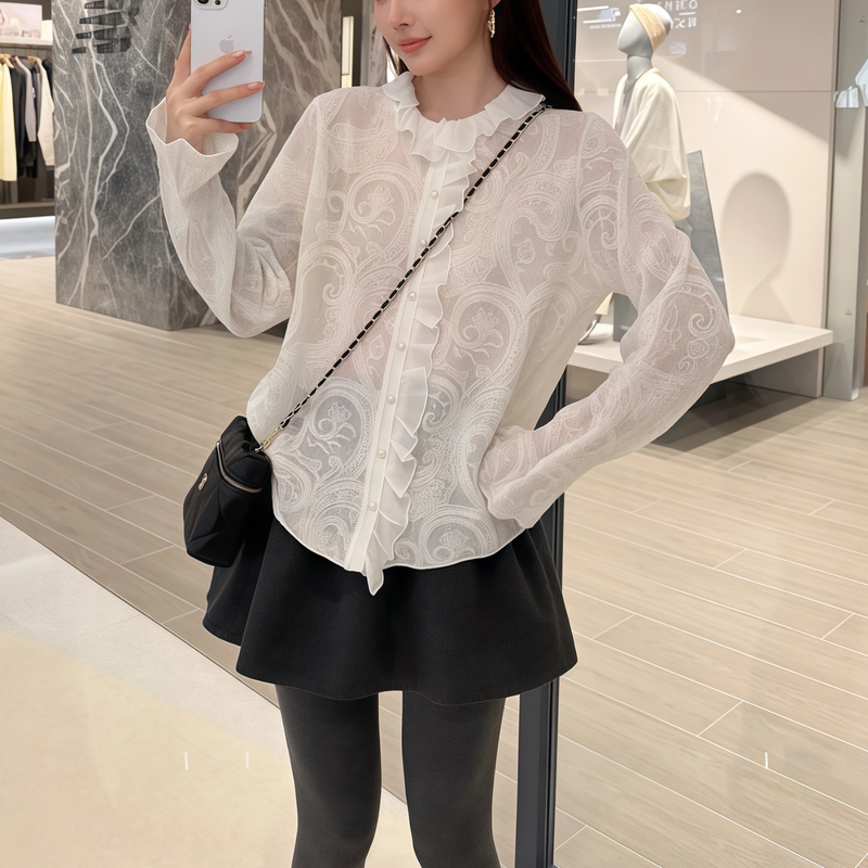 2026 Autumn/Winter New French Retro Style Lace Jacquard Shirt for Women with Ruffled Edges and Slimming Long Sleeves