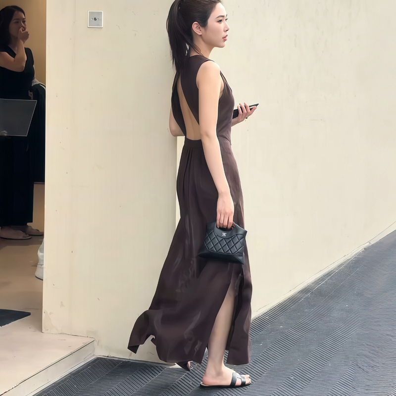 French-Style Sexy Backless Sleeveless Dress for Women, 2026 Summer New Model, Elegant and Mature, Waist-Cinching, Slimming, Slit Long Dress