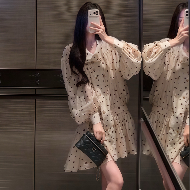 French-Style Retro Polka Dot Lantern Sleeve Dress for Women, 2026 Autumn New Loose Slimming Shirt Dress Short Skirt