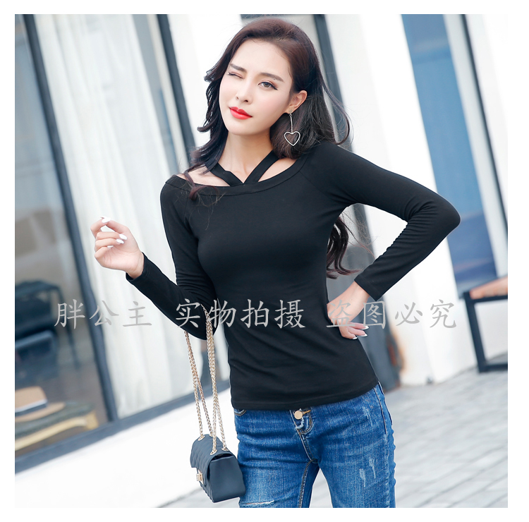 Áo thun trễ vai một vai dài tay nữ hai bên mặc mùa xuân treo cổ quây gợi cảm Slim size áo sơ mi đáy rộng áo form rộng nữ tay lỡ