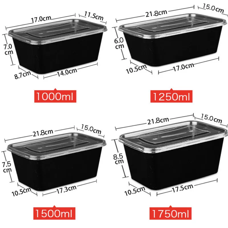 Hình chữ nhật tròn dày 1000ML hộp ăn trưa dùng một lần hộp đen bao bì thức ăn nhanh hộp ăn trưa mang đi - Hộp cơm điện sưởi ấm