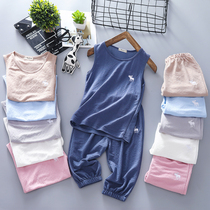 Childrens ice silk cotton linen suit Male girls vest pants CUHK Scout clothes for baby Sleeping clothes Summer clothes Two sets