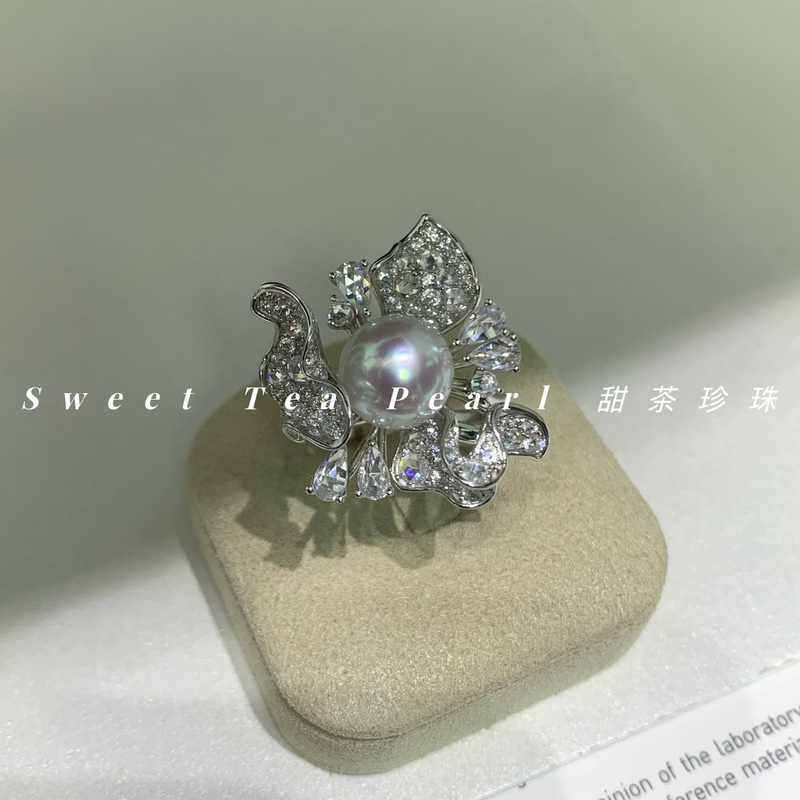 St Sweet Tea Pearl Freesia Petal Full Zircon Ring Heavy Craft Pearl Rose Cut Ring Setting Closed Accessories St Sweet Tea Pearl Freesia Petal Full Zircon Ring Heavy Craft Pearl Rose Cut Ring Setting Closed Accessories